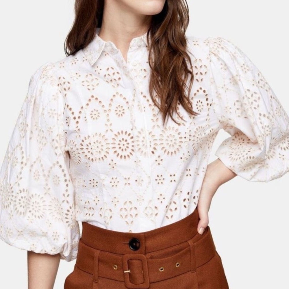 NWOT Topshop Embroidered Balloon Sleeve Eyelet Blouse Top In White Womens Size 6